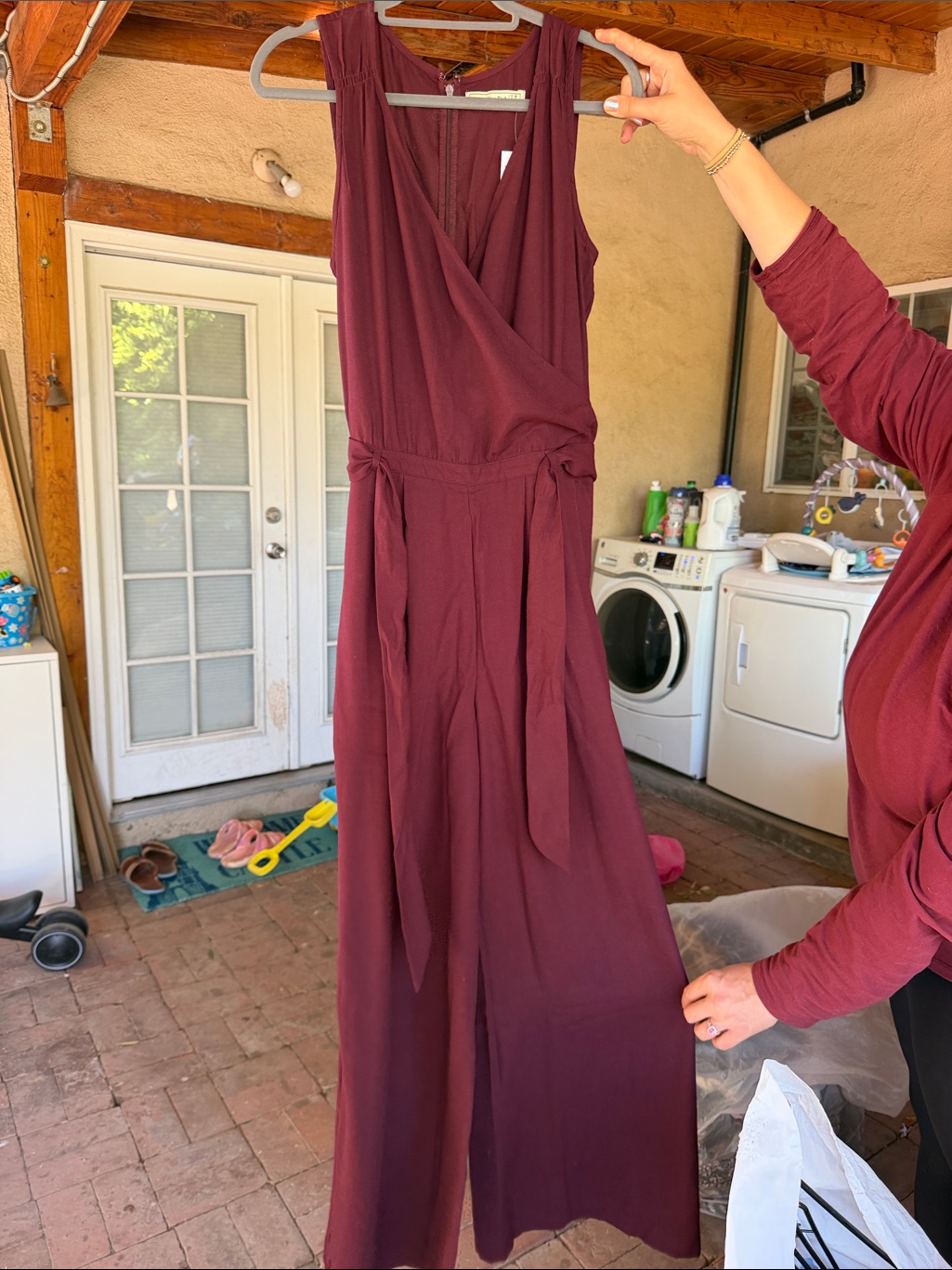 Abercrombie & Fitch Wine Sleeveless Wrap-Front Jumpsuit